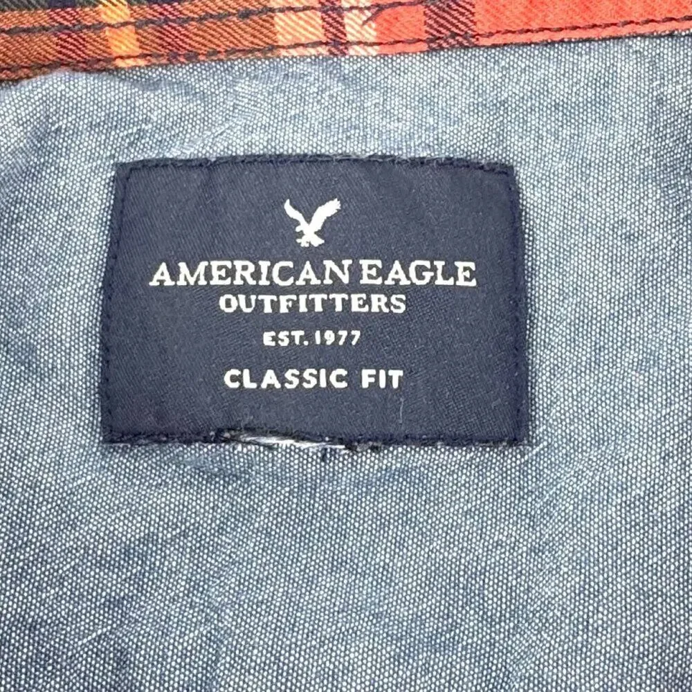 American Eagle Lightweight Cotton Plaid Long Sleeve Camp Shirt Red Green Brown M